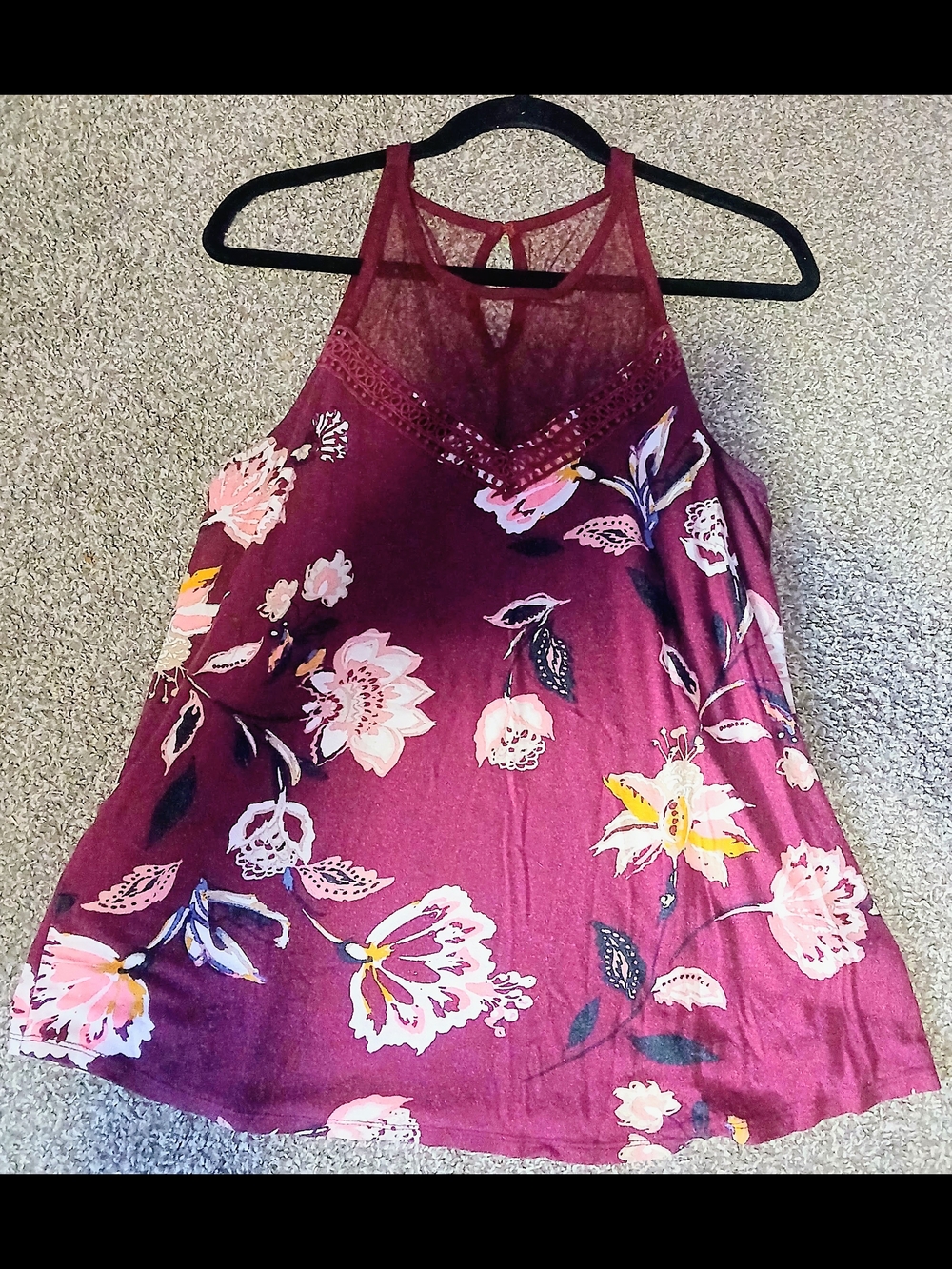 Maurices Floral Lace Yoke Halter Camisole - Burgundy with Pink & Yellow Flowers